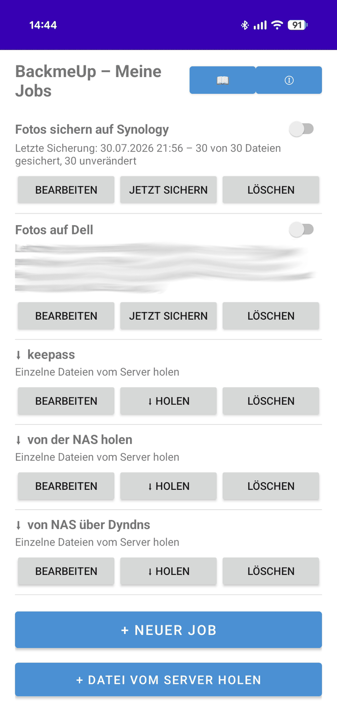 BackmeUp – Liste der Sicherungsaufträge auf dem Handy