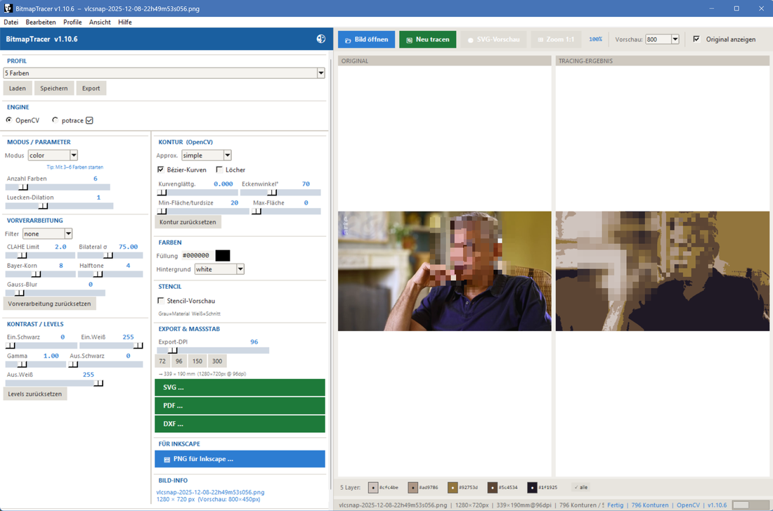 Bitmap Tracer – Original links, Tracing-Ergebnis rechts, mit Parameter-Panel