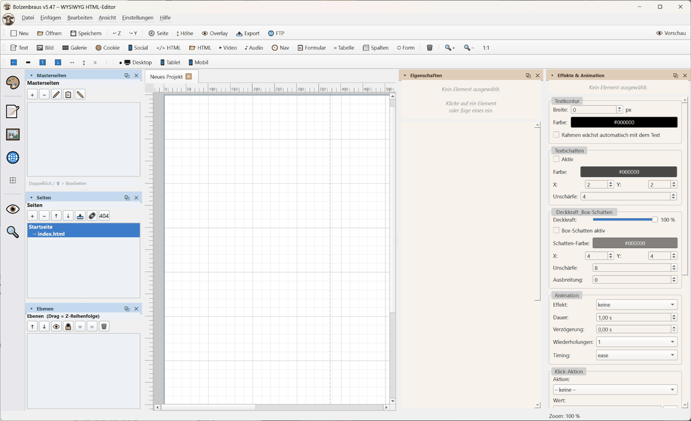 Bolzenbraus – WYSIWYG-HTML-Editor mit Zeichenfläche und Eigenschaften-Panel