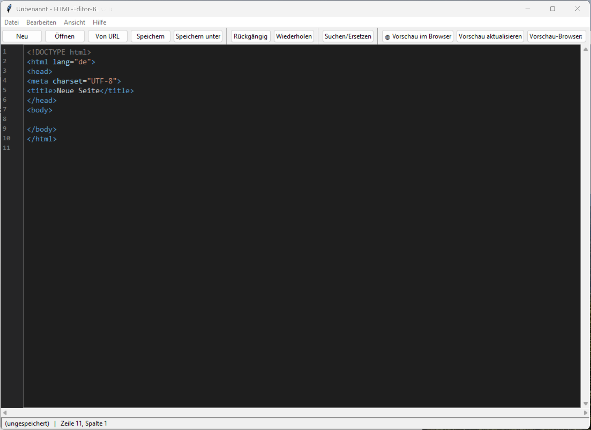 HTML-Editor-BL – Code-Editor mit Zeilennummern, Werkzeugleiste und Statuszeile