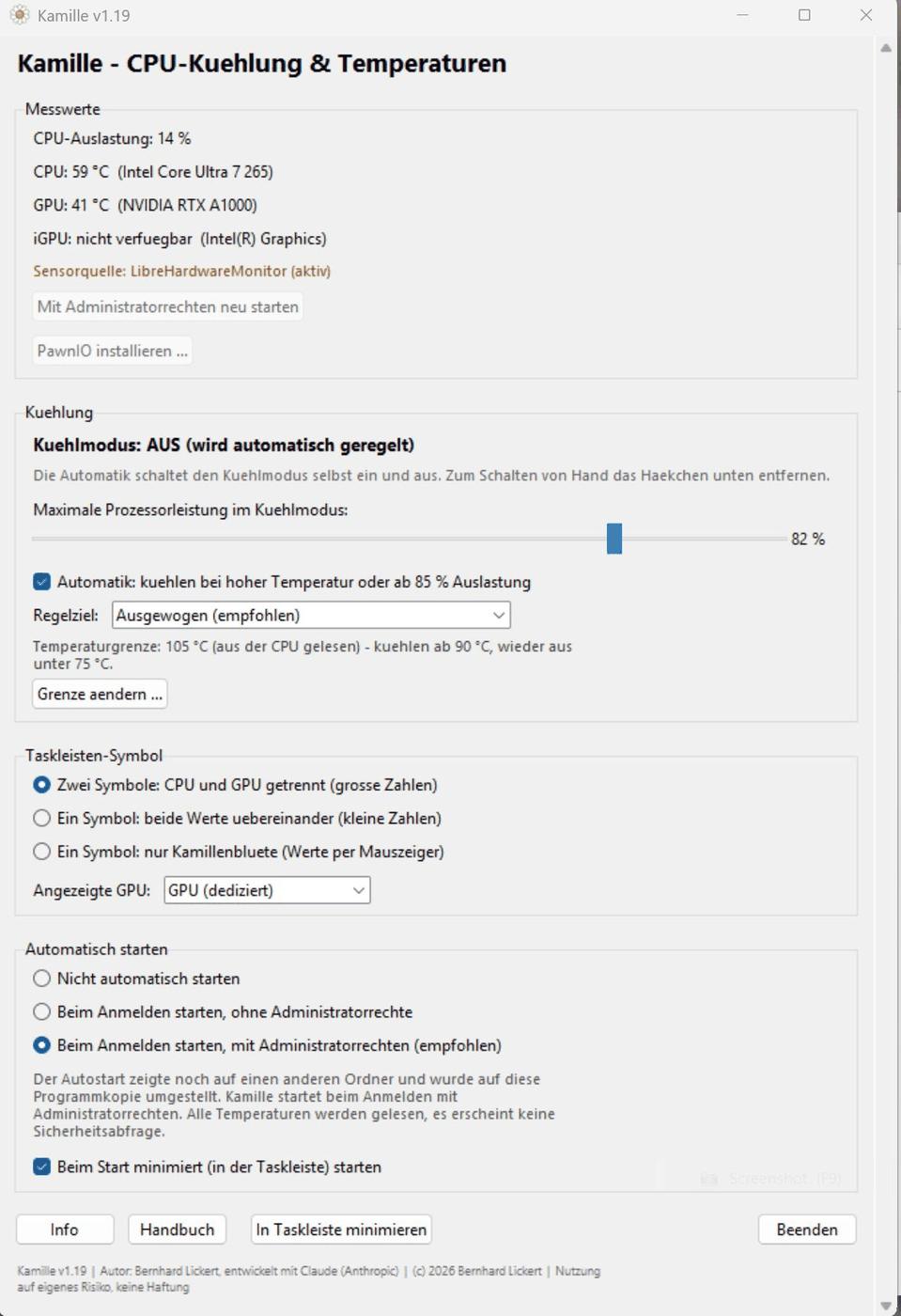 Kamille – Fenster mit CPU- und GPU-Temperaturen, Kühlmodus-Regler und Taskleisten-Optionen
