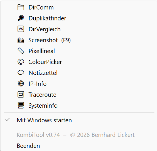 KombiTool – Tray-Menü mit allen Werkzeugen zur Auswahl