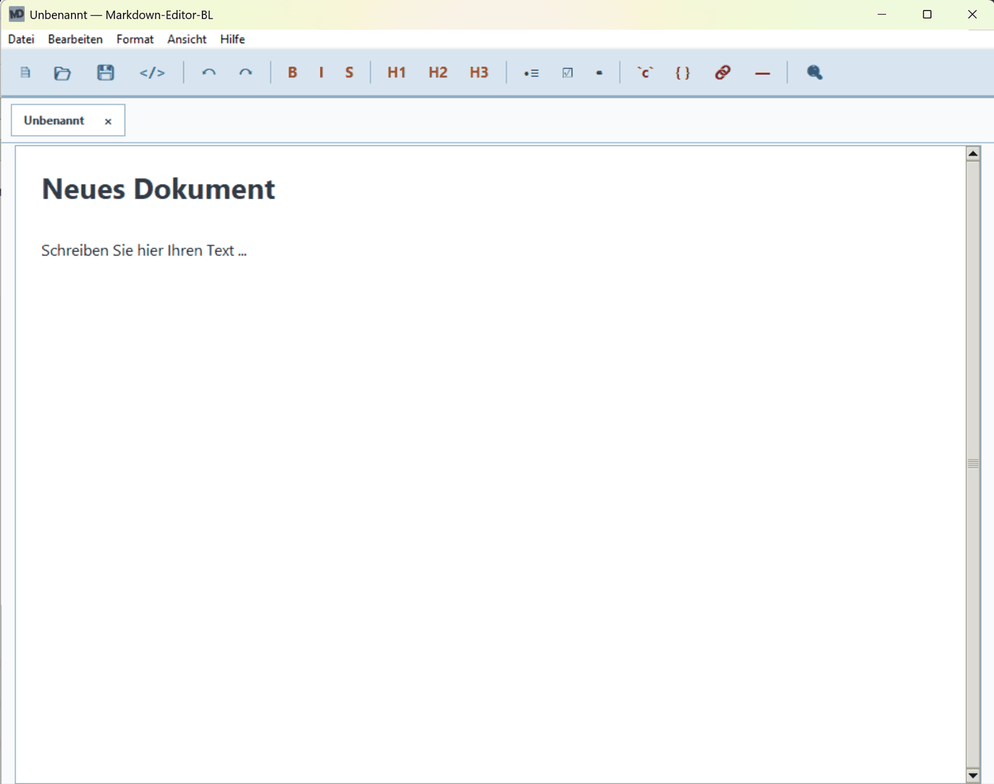 Markdown-Editor-BL – Editorfenster mit Werkzeugleiste, Registerkarte und formatiertem Text