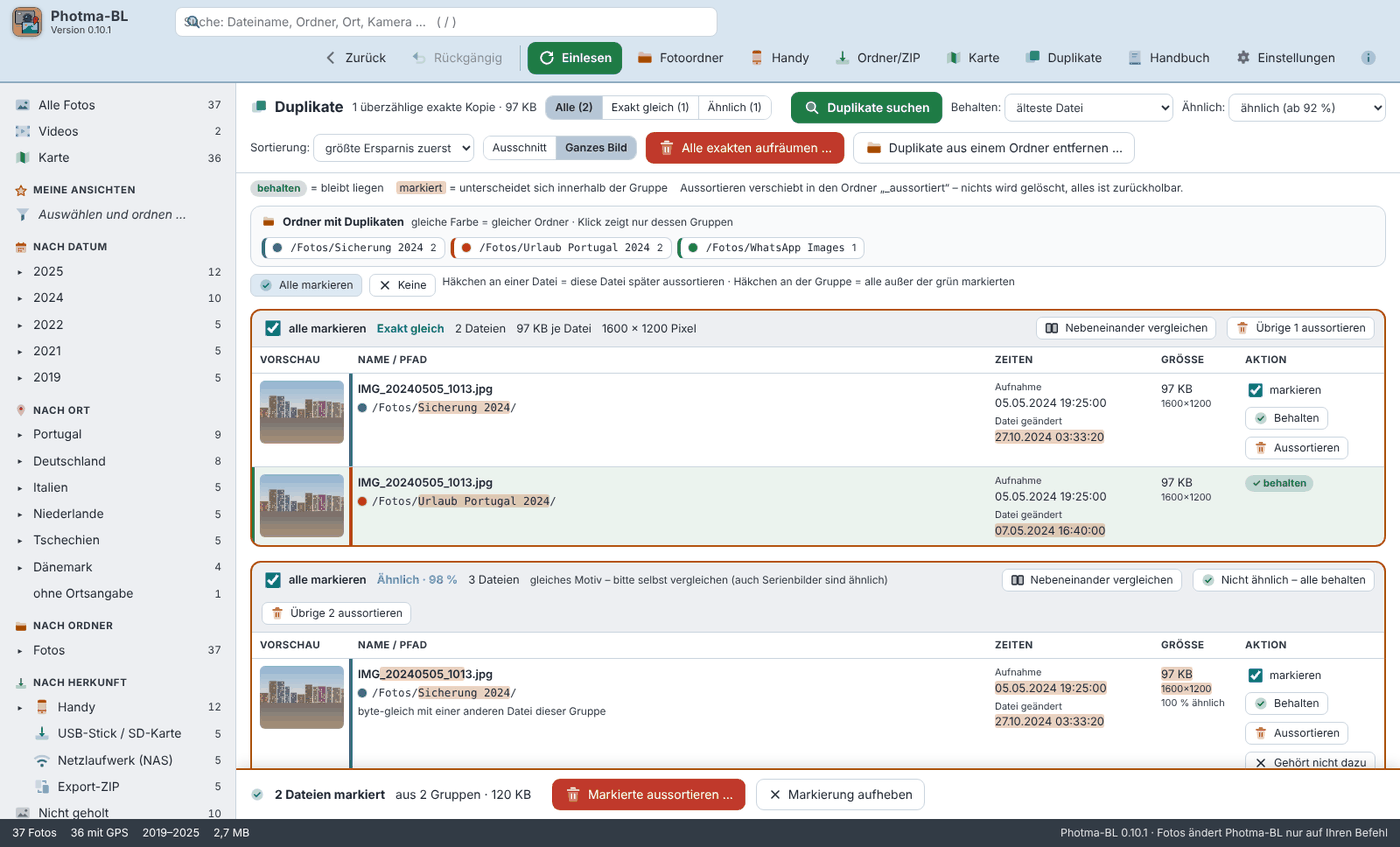 Fotoübersicht mit Ansichten nach Datum, Ort und Ordner, links die Seitenleiste mit Herkunft und Videos (Beispieldaten)