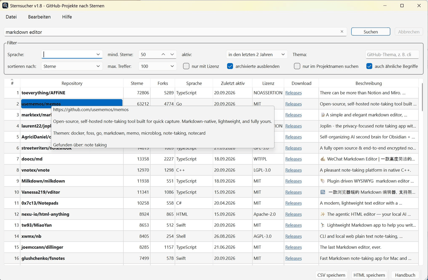 Trefferliste nach Sternen sortiert, mit Filtern für Sprache und Mindeststerne und der Spalte „Download"