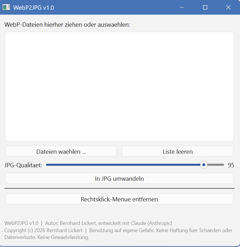 WebP2JPG – Fenster mit Dateiliste, Qualitäts-Regler und Umwandeln-Schaltfläche