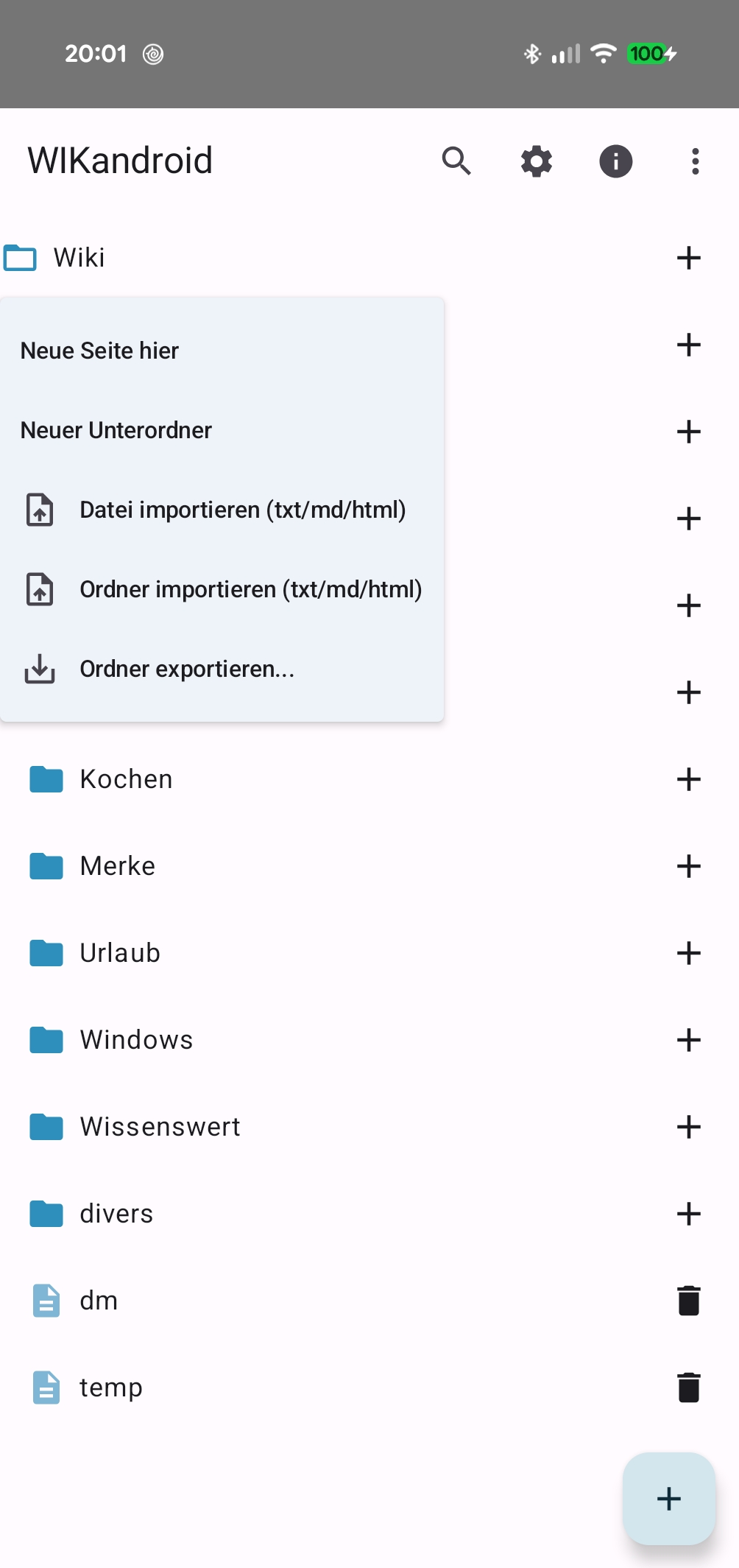 WIKandroid – Ordnerbaum des Wikis mit geöffnetem Menü